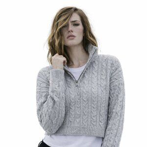 Cotton blend cable knit cropped sweater,  half zipper, by GARAGE